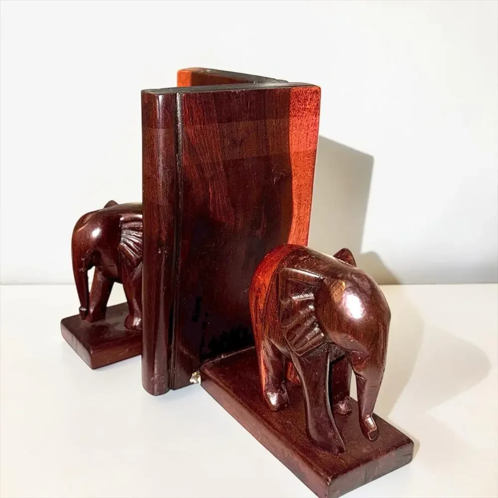 Vintage Wooden Elephant Bookends | Carved Elephant Shelf Decor Pair